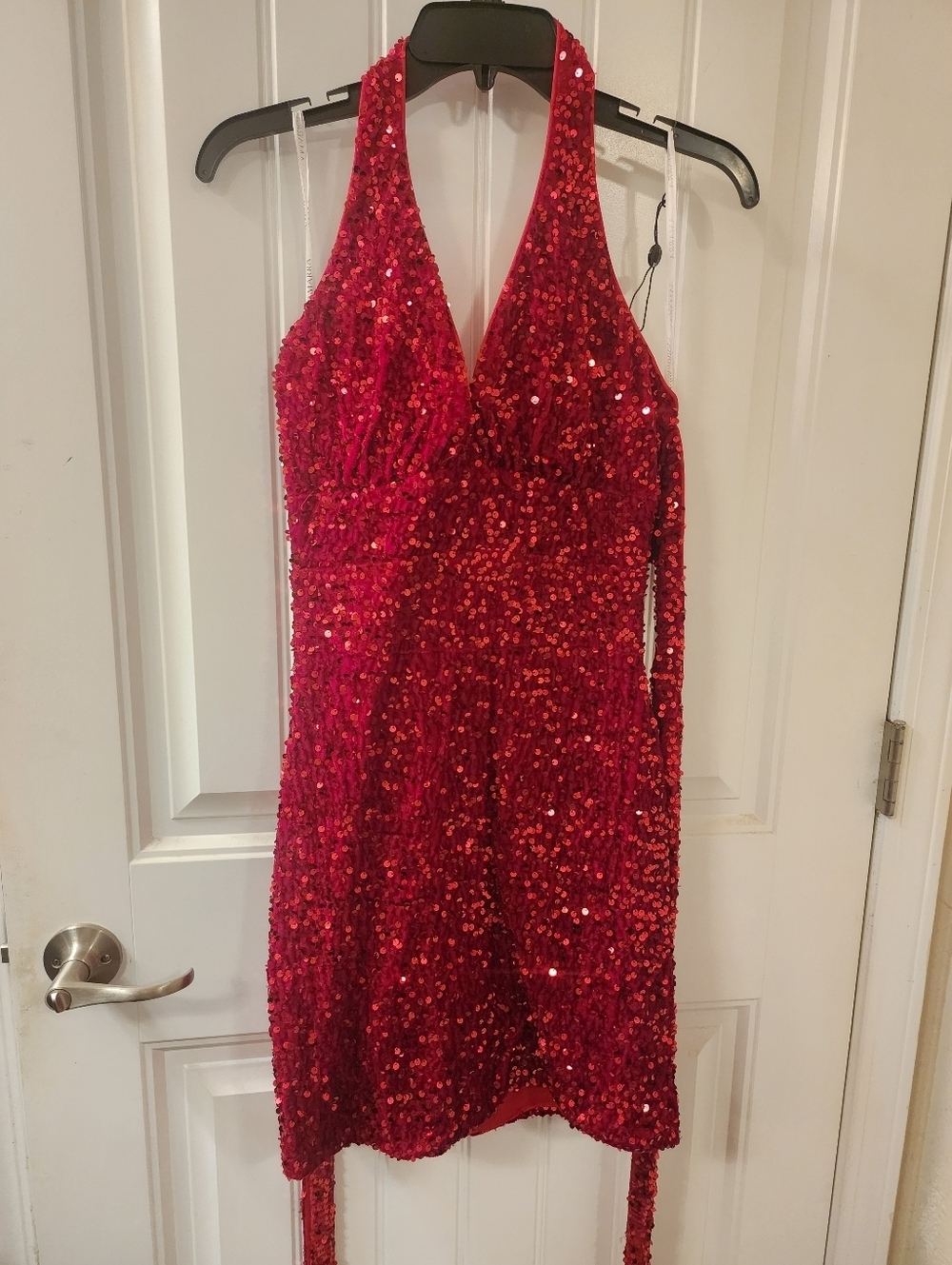 Amarra Red Sequin Halter Dress Size 8 Open Back Tie Waist Cocktail Party